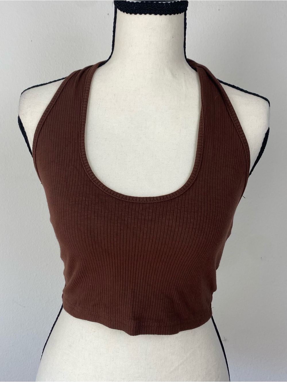 Brown Ribbed Scoop Neck Crop Tank Top